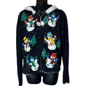 Victoria jones ramie small zip front Christmas snowman embellished sweater